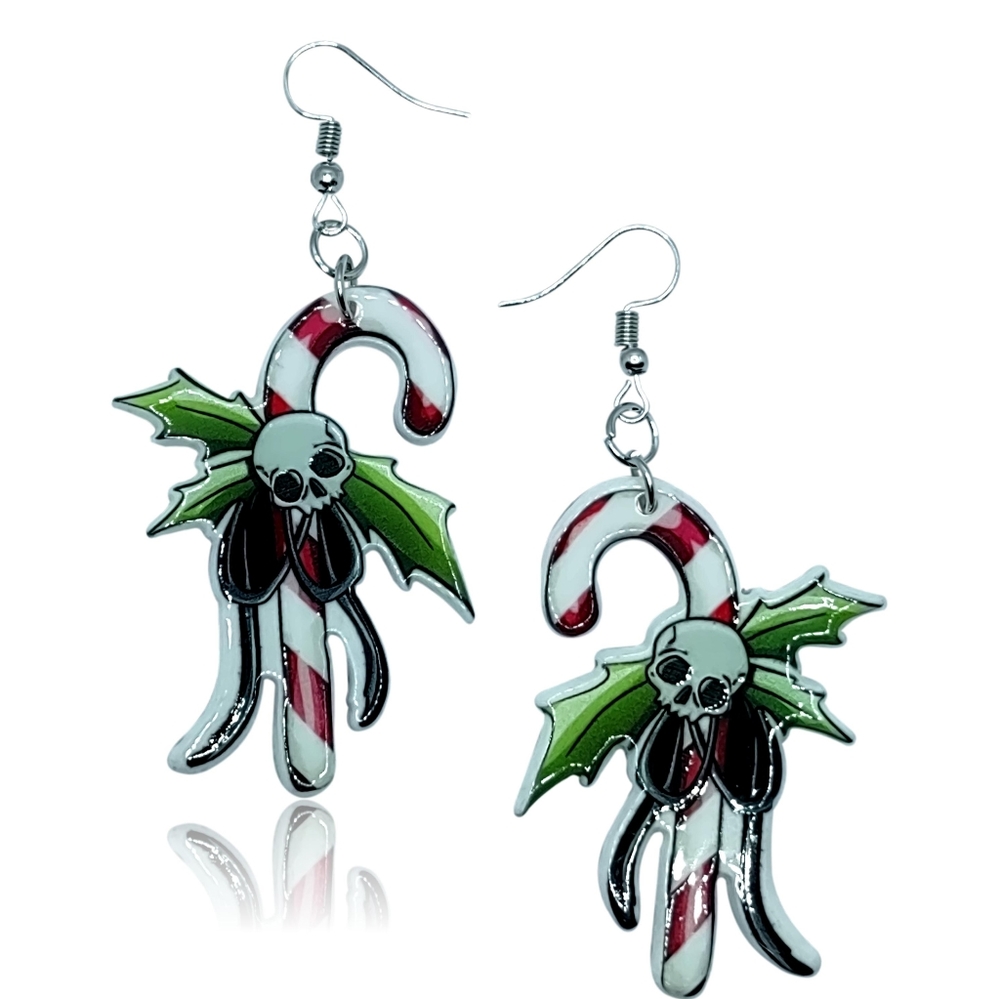 Gothic Punk Skull Candy Cane Christmas Earrings